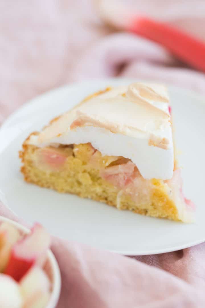 classic german rhubarb cake with meringue and almonds